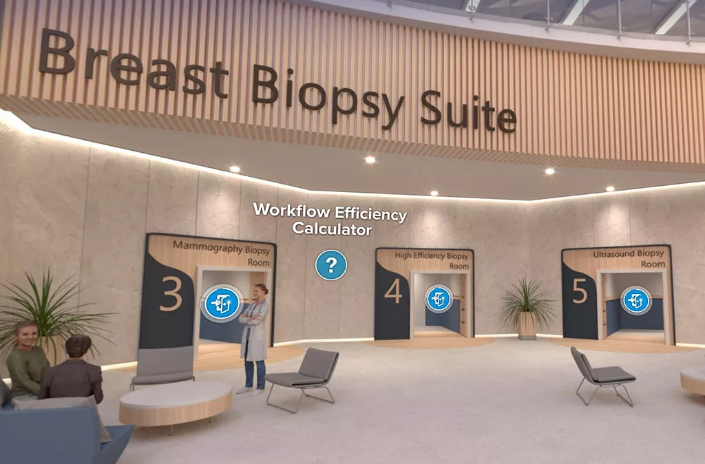 Bild av kvinna som besöker rum för mammografibiopsi i bröstbiopsisviten.